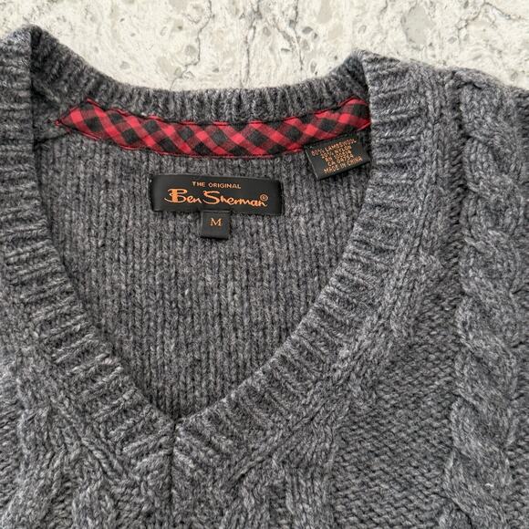 Ben Sherman Mens Sweater Size Medium Gray Wool Cable Knit Fisherman Aran Classic - Picture 8 of 8